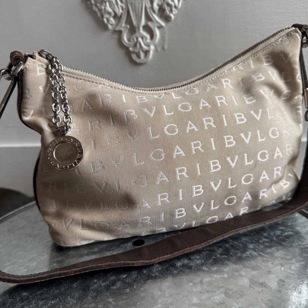 BVLGARI Logo Mania Tan Canvas & Brown Leather Trim Shoulder Handbag Purse